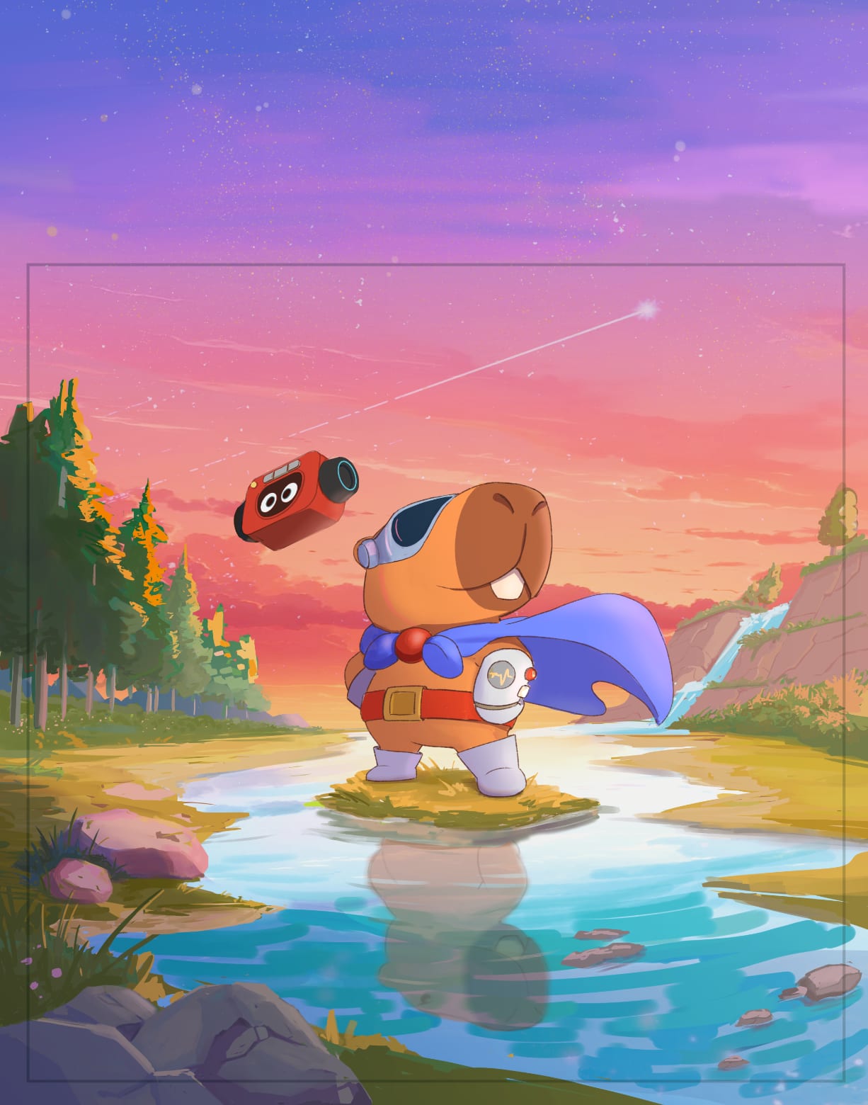Ilustração-chave da Bookatoon: Capy BB e DJ N à beira de um rio ao entardecer